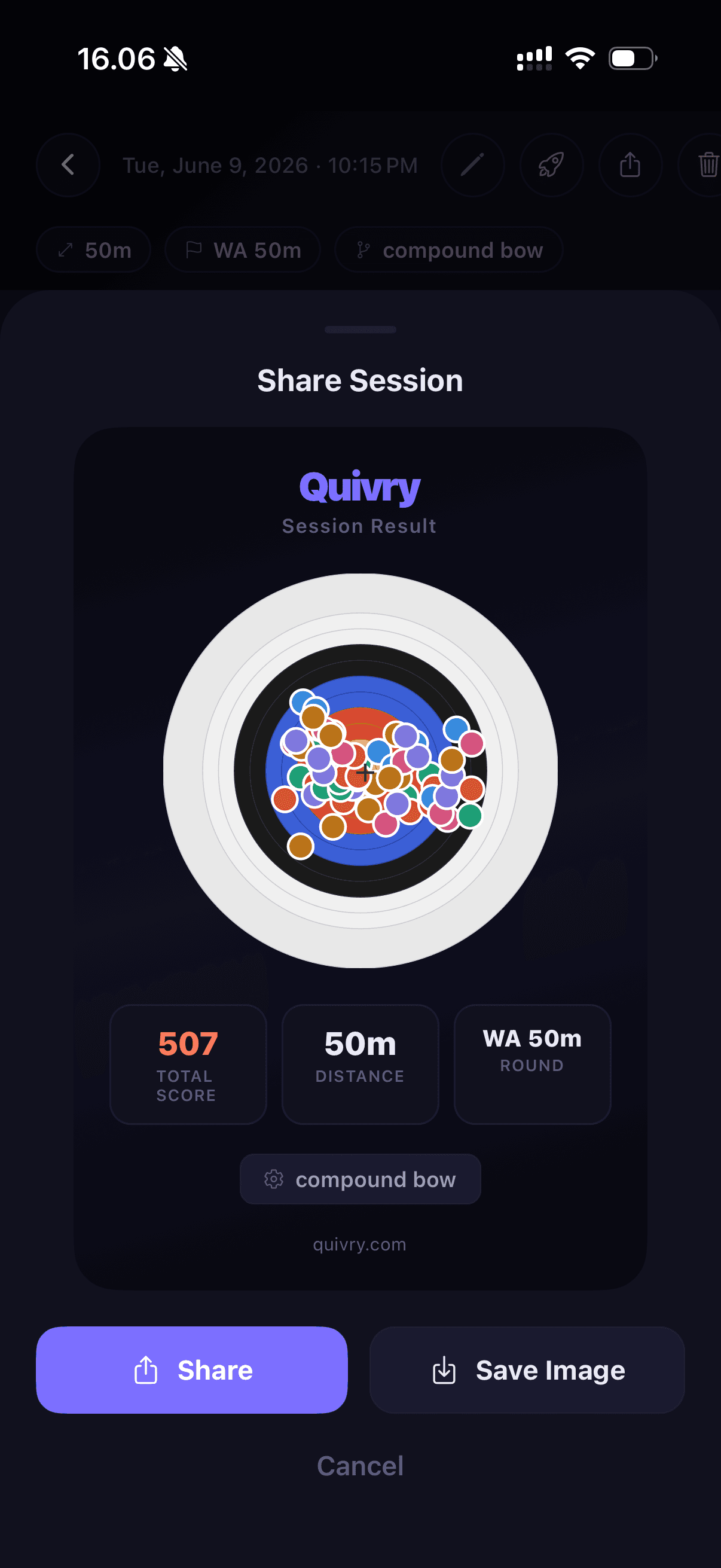 Quivry share card — session summary ready for social
